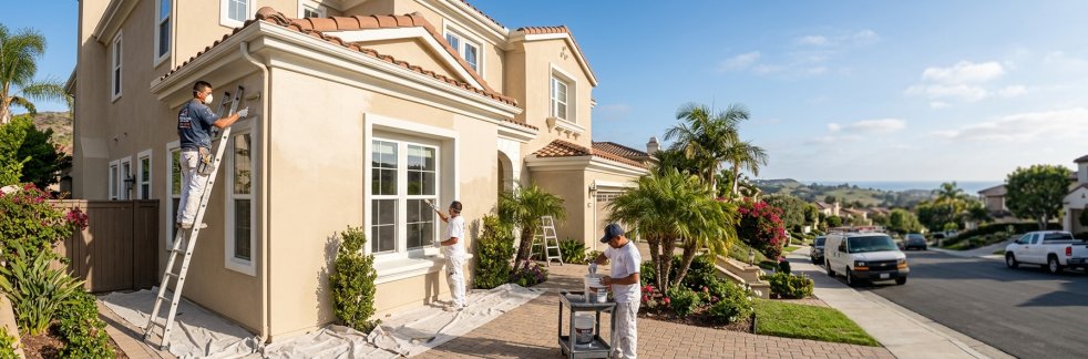 Exterior painters painting a suburban home with ladders and supplies on a sunny street